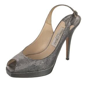 Jimmy Choo Silver Glitter Stiletto Slingback Peep Toe Heels EU 37.5/US 7-7.5